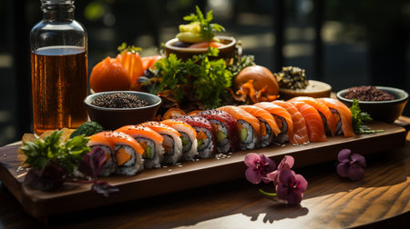 salmon sushi. there are many pieces in a plate on the table, generative aiの素材
