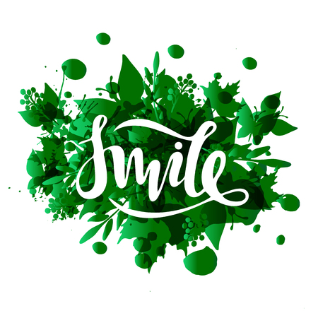 Vector illustration of smile inscription on green leafy background for your designのイラスト素材