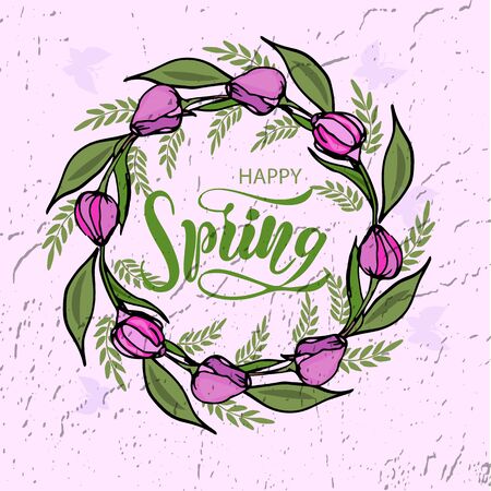 Vector illustration of Happy Spring with the inscription for packing product. Calligraphy background.のイラスト素材