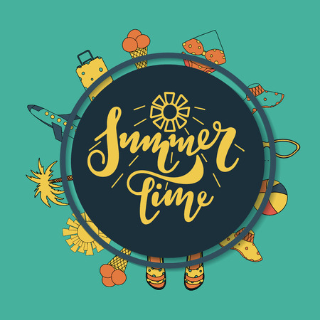 Summer vacation template with summer accessories, drink and sunglasses, vector illustration.のイラスト素材