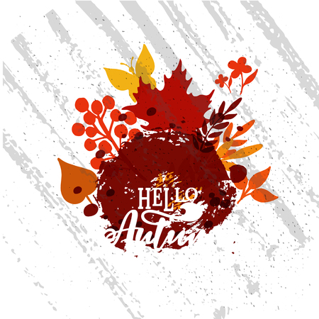 Vector illustration .Banner of the autumn season. Greeting card with the inscription Hello Autumn modern poster design with colorful foliage of yellow, orange and redのイラスト素材