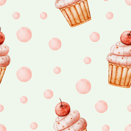 Watercolor Cupcake Dessert Seamless Patternの写真素材