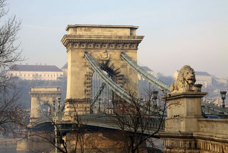 View on Szechenyi Chain Bridge and Buda, Budapest, Hungaryの写真素材