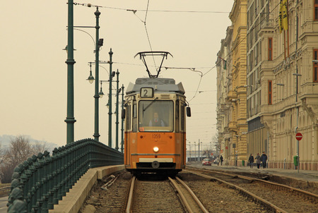 Old tram in Budapest on Pest bank route. February, 2012のeditorial素材