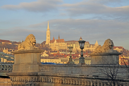 View from Szechenyi Chain Bridge on Matthias Church, Budapest, Hungaryの写真素材