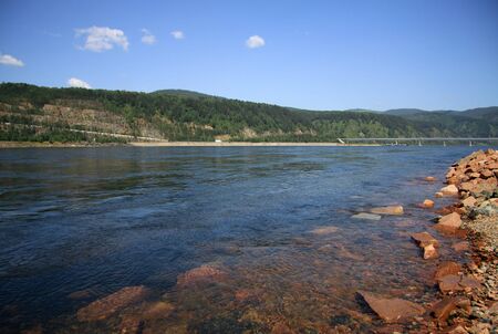 Granite stones on Yenisei River bank near Divnogorsk, Russiaの写真素材