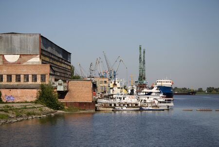AZOV, RUSSIA - AUGUST 28, 2011: Shpyard of shipbuilding and repairing company Azov Shipyard CJSC on the river Donのeditorial素材