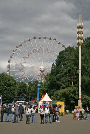 MOSCOW, RUSSIA- JULY 04, 2019 Ferris Wheel near VDNKh All-Russia Exhibition Centre. VDNKh is a permanent exhibition center in Moscow, Russiaのeditorial素材