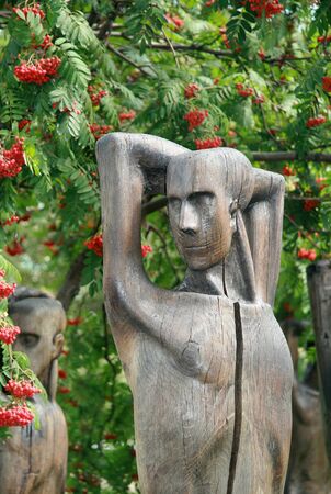MOSCOW, RUSSIA - AUGUST 02, 2008: Wooden sculptures in Muzeon Art Park Fallen Monument Park in Moscowのeditorial素材
