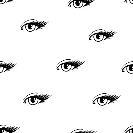 Beautiful open female eyes with long eyelashes is isolated on a white background. Makeup template illustration. Graphic sketch handwork. Seamless pattern for designの写真素材