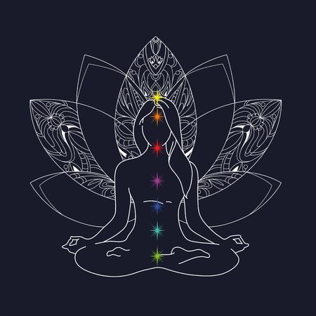 Woman yoga pose. Lotus position silhouette. Vector illustration. Meditation for disclosure of chakras. Flower monochrome icon mandalaのイラスト素材