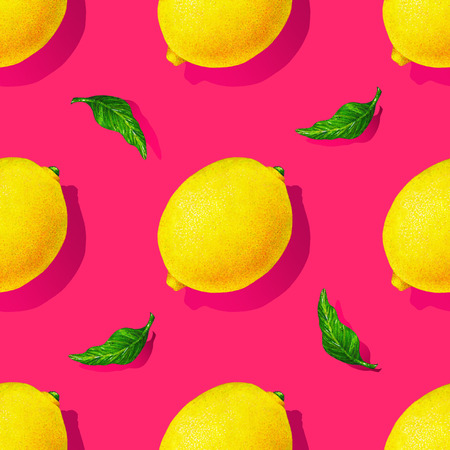 Yellow lemon fruits with green leaves isolated on pink background. Watercolor drawing seamless pattern for designの写真素材