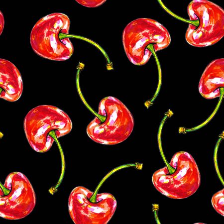 Red cherry sweet on a black background. Seamless pattern for design. Animation illustrations. Handwork drawing markersの写真素材