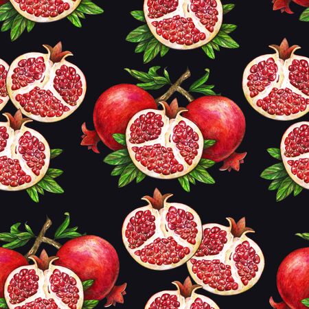 Ripe fruit of red pomegranate on a branch is isolated on a black background. Watercolor illustration of pomegranate and green leaves. Hand drawn watercolor painting. Seamless patternの写真素材