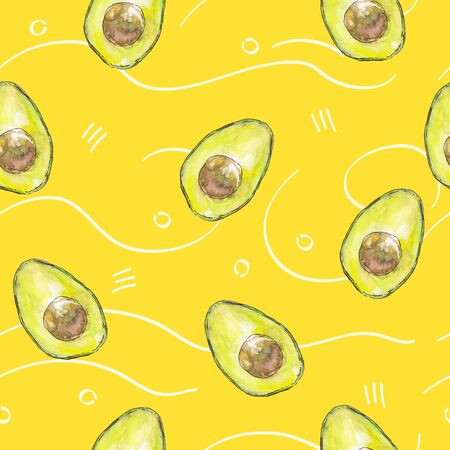 Watercolor avocado fruit isolated on yellow background. Handwork exotic summer draw. Hello my style. Seamless pattern.の写真素材