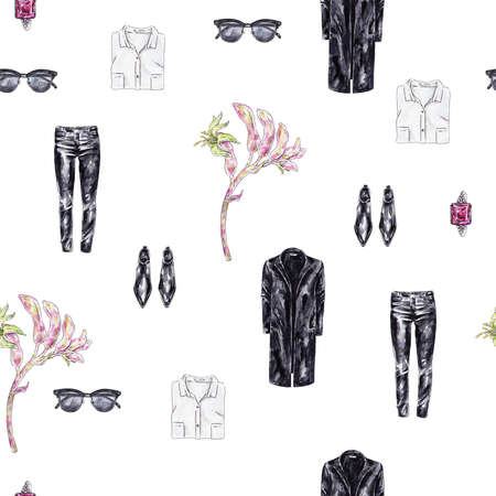 Set of watercolor garments and pink anigozanthos flower isolated on white background. Handwork fashion draw. Seamless pattern for design.の写真素材