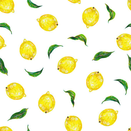 Great illustration of beautiful yellow lemon fruits isolated on white background. Seamless pattern for fabric design. Handwork acrylic drawn.の写真素材
