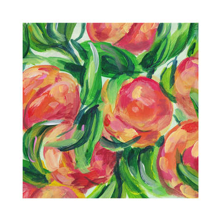 Ripe peach fruit on branches with leaves. Acrylic painting card for design and print. Hand draw contemporary artwork. Square surreal stylized postcard.の写真素材