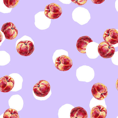 Peaches in peas on a purple background. Seamless pattern for fabric design. Handwork acrylic drawn.の写真素材
