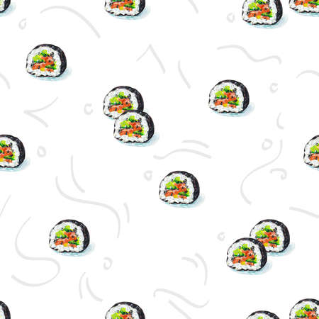 Rolls with avocado and red fish isolated on white background. Traditional asian kitchen. Seamless pattern for fabric design. Handwork acrylic drawn.の写真素材