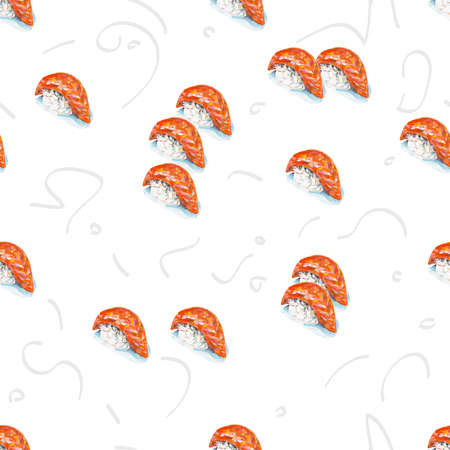 Sushi with red fish isolated on white background. Traditional asian kitchen. Seamless pattern for fabric design. Handwork acrylic drawn.の写真素材