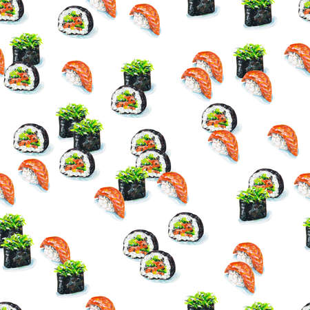 A set of sushi, rolls with avocado and red fish isolated on white background. Traditional asian kitchen. Seamless pattern for fabric design. Handwork acrylic drawn.の写真素材
