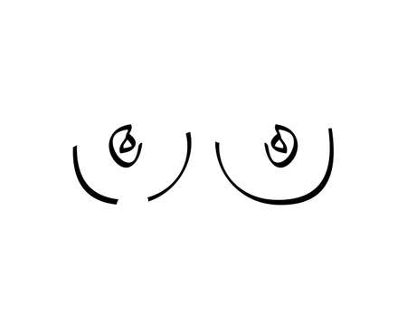 Beautiful female breasts. Funny print on the shirt. Contour draw. Vector illustration. Minimalist logo icon for design.のイラスト素材