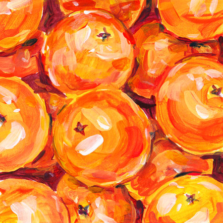 Lots of bright orange tangerines. Acrylic painting card for design and print. Hand draw contemporary artwork. Surreal styled postcard. Fruit for the new year.の写真素材