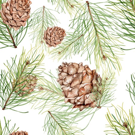 Seamless pattern with pine cones and pine branches. Watercolor painting. Handmade drawing. For the Christmas design and decorationの写真素材
