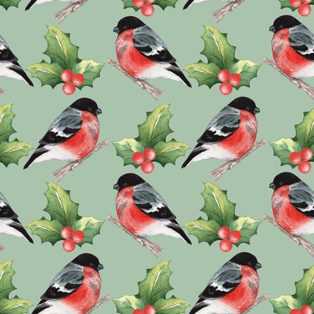 Christmas seamless pattern with bullfinches 21. Handmade drawing. For registration of festive cards, wrapping paper, packagingの写真素材