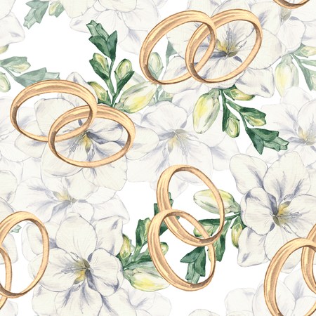 Seamless pattern of white freesia and wedding rings. Watercolor illustration. Hand-drawing.の写真素材