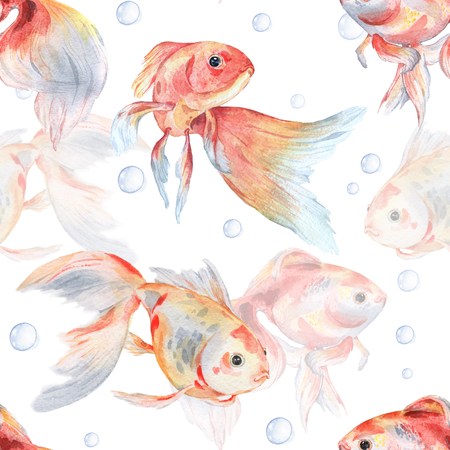 Seamless pattern with goldfish and bubbles 1. Watercolor painting. Handmade drawing.の写真素材