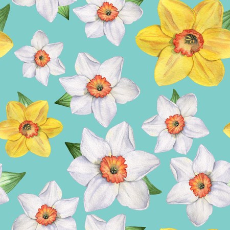 Daffodils - Seamless pattern. Watercolor illustration. Hand-drawing. Background.の写真素材