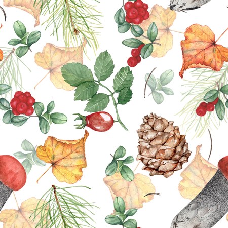 Autumn seamless pattern with forest theme. Watercolor illustration, hand-drawing.