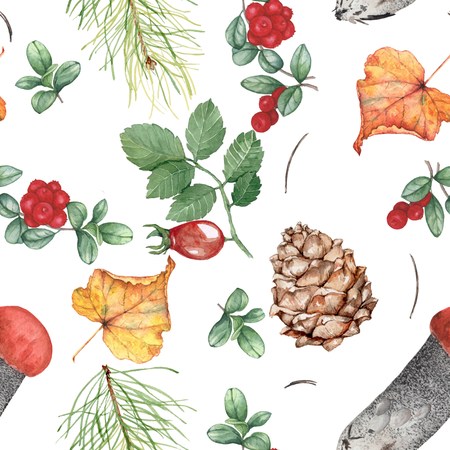 Autumn seamless pattern with forest theme 2. Watercolor illustration, hand-drawingの写真素材