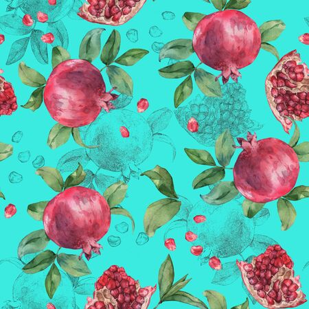 Pomegranate and pomegranate seeds. Seamless pattern. Watercolor painting.の写真素材
