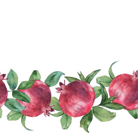 1. Seamless border of pomegranate fruit and green leaves. Handmade watercolor drawing. Suitable for labels, postcards and invitationsの写真素材
