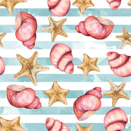 Marine pattern with shells 11. Seamless pattern. Watercolor illustration. Handmade drawing.の写真素材