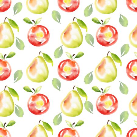 Fruit seamless pattern. Watercolor apples and pears. Isolated on whiteの写真素材