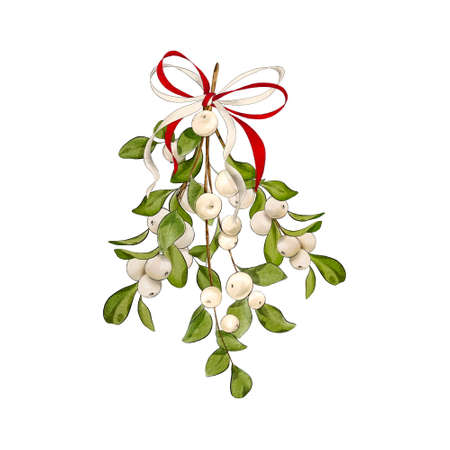 Traditional Christmas mistletoe twig with ribbon. Digital illustrationの写真素材