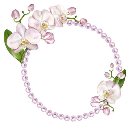 Elegant round pearl frame with orchid. Isolated on whiteの写真素材