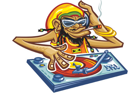playing a record and smoking   cigarette a cartoon comic Dj monkey with glasses and jamaica hatのイラスト素材