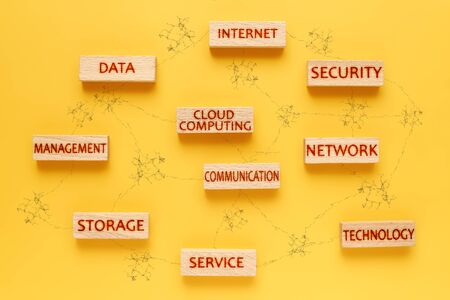Cloud Computing concept. wooden blocks with the inscriptions data, network, technology, internet, security, management, storageの写真素材