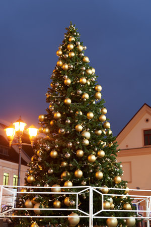 Christmas tree on the street near the shopping centerの写真素材