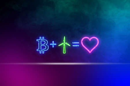 bitcoin, windmill and heart icon. made of neon, in smoke on a colorful background. the concept of...