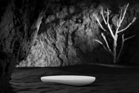 marble podium for advertising premium products on the background of rough black rock and dry wood, 3d rendering with copy spaceの写真素材