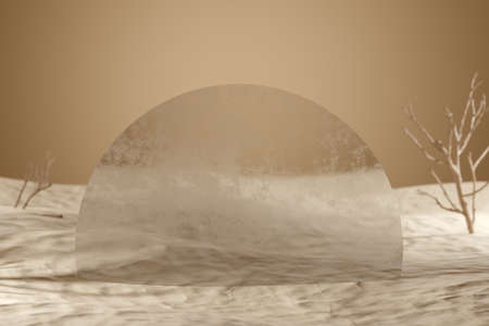 beige sand with dried driftwood and trees and translucent glass covered with frost, stage for...