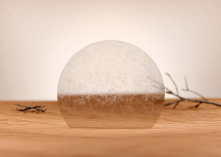 brown sand, misted glass, dry tree and snags in the middle of the desert, 3d mockup for product advertisingの写真素材