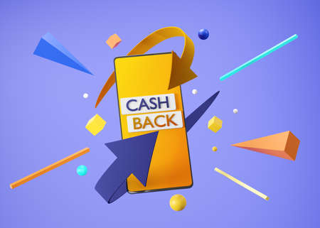 cash back - inscription on the screen of a cartoon smartphone, confetti, arrows. 3d rendering, layout. concept of saving money, money refundの写真素材