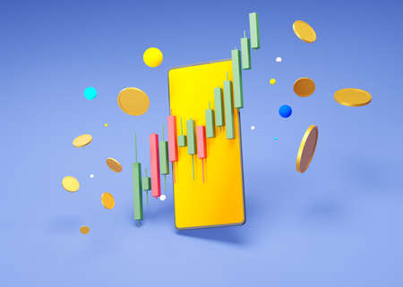 mobile trading platform, growing candles in a smartphone and flying coins, 3d rendering. the concept...